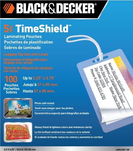 Black + Decker TimeShield Thermal Laminating Pouches, Luggage Tag with Loops, 5 mil - 100 Pack (LAMLUG5-100)