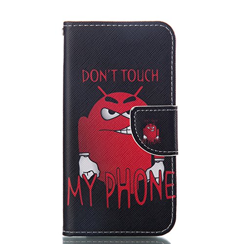 Nancen Wiko lenny 2 (5 Zoll) Ledertasche / Handyhülle, Bookstyle Flip Case Folio Cover PU Leder Wallet Etui Handy Zubehör Lederhülle Schutzhülle - mit Standfunktion Magnetverschluss Brieftasche und Karten Slot [Rot roboter - Don't touch my phone]