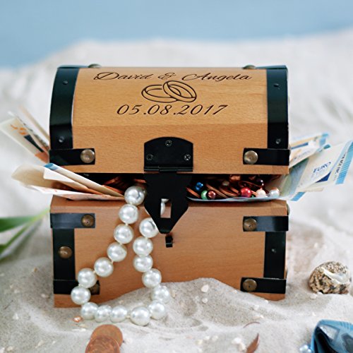 Geldgeschenke zur Hochzeit – Schatztruhe mit Gravur ==> 2 Namen, 1 Datum, 2 Ringe – personalisierte Hochzeitsgeschenke kaufen, Verpackung für Geldgeschenk - 3