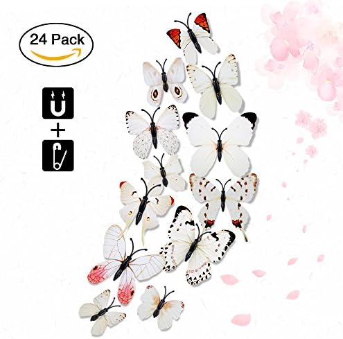 3D Lifelike Butterfly Wall Stickers, Ruipye 24PCS 3D Artificial waterproof Butterfly Decor Refrigerator Magnet Curtain Pin Wall Stickers Decals for Nursery Bathroom Office Kids Bedroom-White