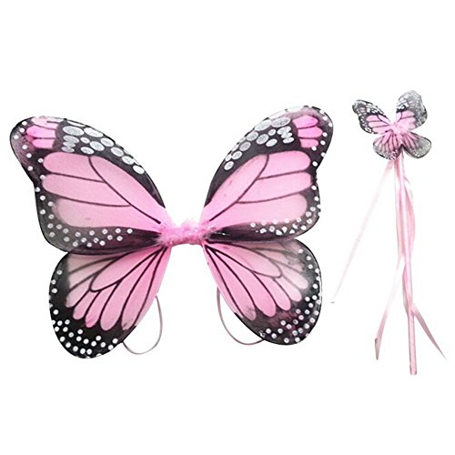 BOBORA Baby Kids Glitter Butterfly Wing &amp; Magic Wand Fairy Fancy Dress Set (Pink)