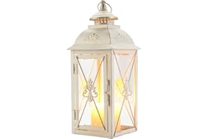 TRIROCKS Lanterne Decorative da Appendere, in Metallo Vintage, con Vetro Trasparente, Ideali per Soggiorno, Giardino, patio, Feste, Eventi Interni ed Esterni (Bianco con Pennello Dorato)
