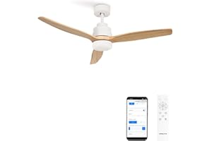 CREATE / WINDSTYLANCE DC/Ventilador de techo blanco aspas madera natural con Wifi y mando / 40W, Silencioso, Ø132 cm, 6 velocidades, temporizador, verano-invierno, doble altura, motor DC