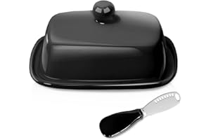 EIDOCT Ceramic Butter Dish with Lid and Handle, Home Ceramic Butter Dish with a Butter Spatula for Countertop, Porcelain Health Dishwasher Safe, Black