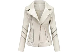 HONGBI Mujer Chaqueta de PU Cuero,Chaqueta de Motociclista Estilo Vintage Chaqueta Corta de Moto de Piel Sintética,Elegante Chaqueta de Imitacion Cuero con Solapa y Cremallera,Cazadoras Piel