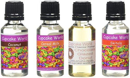 Cupcake World Food Flavourings Chocolate Glazed Donut/Cereal Milk/Skitels Candy/Coconut Bottles 28.5 ml (Pack of 4)