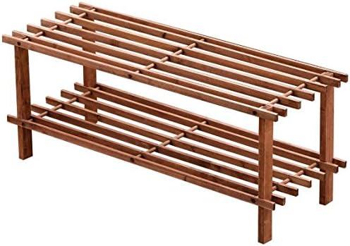 Functional 2 Tier Shoe Stand Rack - Slatted Design - Natural Finish - Sturdy and Long Lasting Storage Solution (Walnut)