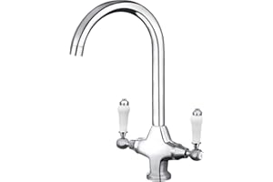 Funime Traditional Kitchen Sink Mixer Tap with Ceramic Dual Lever, Monobloc Victorian Style Kitchen Tap 1 Hole Elegant Brass Chrome Swivel Mono Retro Vintage Sink Faucet with Flexible Hoses