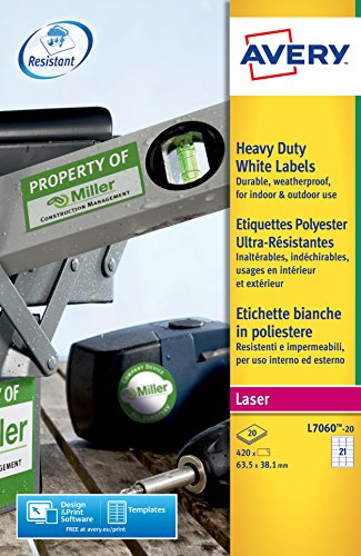 Avery Etiquetas de poli  ster blanco - Etiquetas de impresora  Color blanco  Etiqueta para impresora autoadhesiva  A4  Poli  ster  Laser  Rect  ngulo 