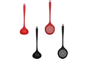 ICELSA 2 Pz Colador de Cucharón de Cocina in Silicona 2 Pz Cucharón de Sopa con Mango Silicona Cuchara Colador de Silicona para Cocinar Hornear Recoger y Ensaladas Negro y Rojo