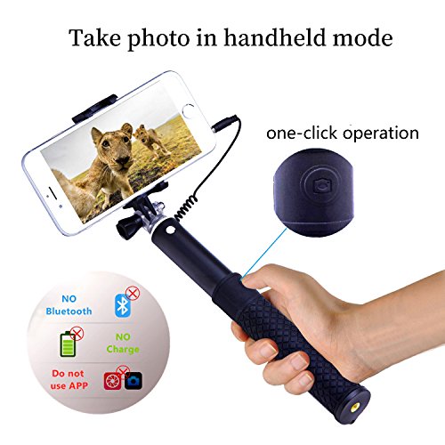 Selfie Stick,ZIZON 270 Gradi Rotazione Forma-E Selfie Stick (Nessuna Batteria Nessuna Bluetooth) Alluminio Allungabile cavo Controllo Auto Ritratto Monopiede (95CM) con Portacellulare Montecon per GoPro Hero Session Hero 4 Hero 3 +/3/2, Sony Action Cam e Smartphone,Apple iPhone 6/6 Plus/5/4, iPod,Samsung Galaxy S6/S5/S4/S3, Huawei,Note 4/3/2, LG,Sony 3,5-6 Pollici Smartphone(Nero)