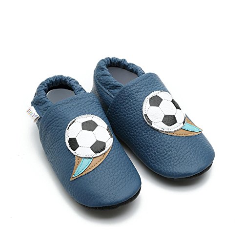 Liya’s Hauschuhe Lederpuschen mit Gummisohle – #658 Fußball in blau - 3
