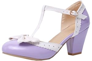 Damen T Spangen High Heels mit Blockabsatz Pumps mit Schleife Lack Schuhe