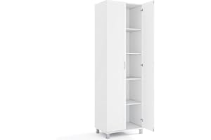 TANGZON 187cm Tall Kitchen Cupboard, 2-Door Freestanding Pantry Cabinet with Adjustable Shelf & Anti-toppling Device, Wooden Storage Cabinet for Home Kitchen Dining Living Room (White)