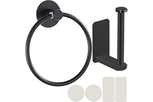 Tahbarshi Self Adhesive Toilet Paper Roll Holder and Hand Towel Ring Set for Bathroom - 304 Stainless Steel with Matte Black Finish - No Drilling Easy Stick On Installation
