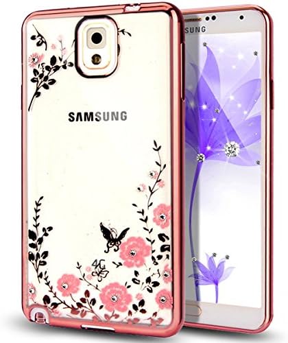 UBMSA-Samsung Galaxy note 4 Case, Luxury Crystal Diamond Fashion Transparent Soft TPU Silicone Case Back Cover for Galaxy note 4 cases [Girl case] (Rose Gold-pink flowre, Note 4)