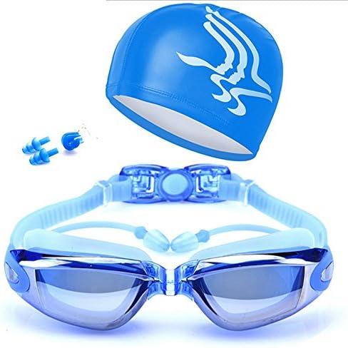 Swimming Goggles With Hat+Ear Plug+Nose Clip+Case Waterproof Swim Glasses Anti-fog UV Professional Sport Swim Eyewear Suit Blue