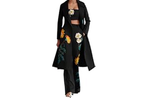 aromm 3 Piezas Trajes Elegantes para Mujer Floral Manga Larga Abrigo Crop Top Pantalones Campana Set