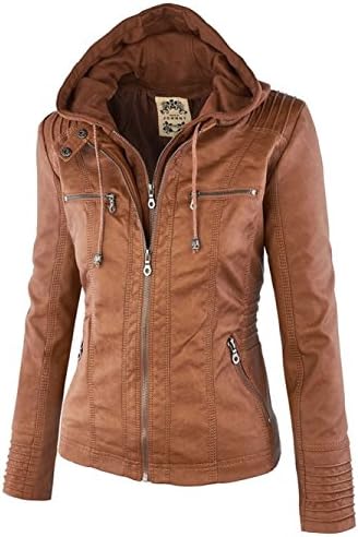 FANTIGO Women's PU Leather Zip Up Hooded Biker Bomber Jackets Outwear Classic Vintage Winter Overcoat Brown L