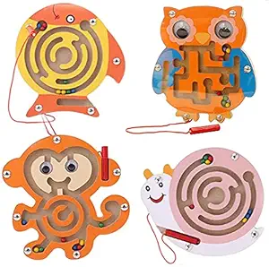 PLUSPOINT Wooden Maze Toys Montessori STEM Activity Puzzle Fine Motor Skill for Preschool Animals Birthday Party Favor Gift for Boy and Girl - Perfect for 3 4 5 and 6 Year Old Random Design (Maze 4pc)