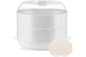 Cuiseur vapeur micro-ondes avec 2 récipients de cuisson : PRITOK 21,5 x 21,5 x 16 cm Cuiseur vapeur pour micro-ondes avec tamis, cuisson rapide, 4 l, blanc
