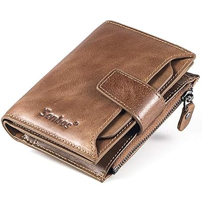 Senbos Portefeuille Homme cuir veritable RFID Marron clair Portefeuille pour homme en cuir Porte à monnaie pour carte d'identité permis de conduire Carte de Crédit pour la Saint Valentin fête des père
