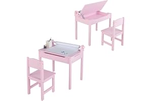 COSTWAY Juego de Mesa y Silla Infantil de Madera, Mesa de Actividades para Niños con Silla, Escritorio Infantil con Almacenamiento y Soporte para Rollo de Papel para Dibujar, Estudiar y Jugar (Rosa)