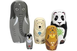 PUNELE Wooden Animal Nesting Dolls, Hand Painted 5 Layer Russian Dolls for Home Decor, Elephant Panda Penguins Tiger Polars Bear for Kids Adults (1)