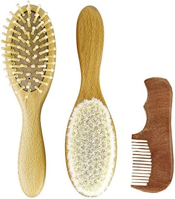 Tezam 3 in 1 Set for Baby Hairbrush and Comb, Wooden Handle and Soft Bristles, Take Good Care of the baby's head