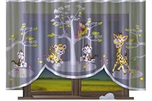 HOME DEKORATOR HomeDekorator® Vorhang Gardine mit Kräuselband Kinderzimmer Kindergardine Junge Mädchen Weiß 300 cm Extra Breit Dschungel Motiv Scheibengardine Kurzgardine Transparent Kurz Durchsichtig Universalband…
