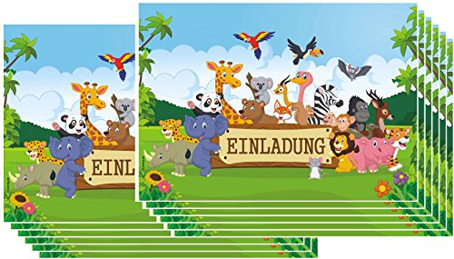12 lustige Dschungel Safari Einladungskarten zum Kindergeburtstag mit fröhlichen Tieren im Urwald Geburtstagseinladungen Einladungen Geburtstag Kinder Jungen Mädchen Einladungstext Vorlagen Karten Set - 5
