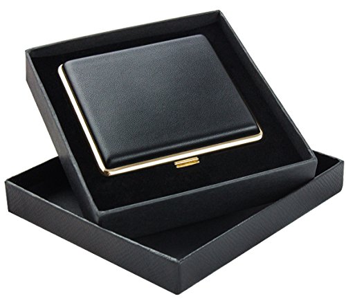 Zigarettenetui schwarz als Geschenkset für Raucher - Zigarettenetui Metall mit Öffnungsautomatik - Zigarettenetui Leder für 20 Zigaretten - Zigarettenbox - Zigarettendose