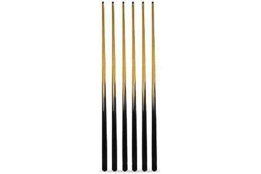 6 x 57" POOL CUES + SPARE TIPS. **