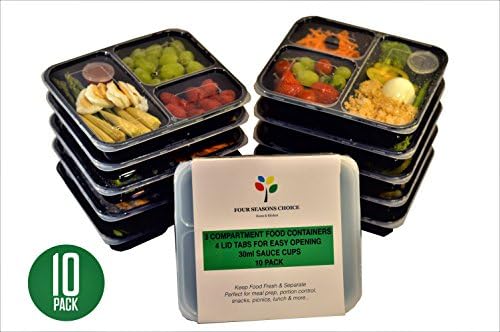 |10 Pack| Premium 3 Compartment BPA Free Meal Prep Containers + 10 Bonus Sauce Cups | Plastic Food Containers with Airtight Lids &amp; Lid Tabs | Reusable &amp; Stackable Bento Lunch Boxes | Microwave, Dishwasher &amp; Freezer Safe | Perfect for Portion Control &amp; Plan Meals Ahead of Time!