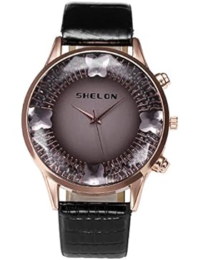 JSDDE Uhren,Fashion Damen Armbanduhr Strass Schmetterling Damenuhr Luxus Rosegold Kunstleder Analog Quarz Uhr,...