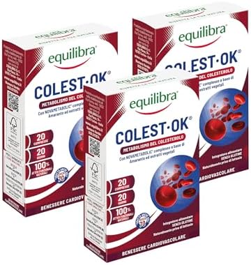 Equilibra® Colest Ok®, Integratore per il Normale Metabolismo del Colesterolo, con Complesso di Amaranto, Ulivo e Mela Cotogna, 3 Pezzi da 20 Compresse, Senza Monacoline, Adatto Anche per Adulti 70+