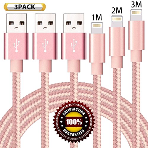 Youer C  ble iPhone Chargeur  3-Pack 1m 2m 3m C  ble Lightning vers USB de Nylon Tress   Robuste avec Connecteur en Aluminium pour Apple iPhone X   8   8 plus   7   7 plus   SE   6s   6s plus   6   6 plus   5s   5 iPad Air iPad mini Rose 