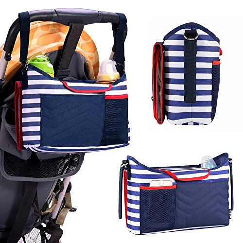 Preisvergleich Produktbild haichen Marineblau Streifen Buggy Kinderwagen Buggy Organizer Aufbewahrungstasche mit 1 abnehmbarer Baby Windel Wickelunterlage groß Organizer für Handy, Windeln, Spielzeug und Zubehör