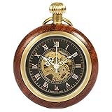 ManChDa Einzigartige Taschenuhr Hohl Fall Skelett Mechanische für Männer Frauen mit Kette + Geschenk-Box (3. Schwarzes Rosen-Gold-Kupfer-Holz)