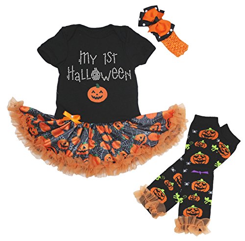 MY 1ST HALLOWEEN Dress Black Bodysuit Web Pumpkin Tutu Leg Warmer 3pc Set Nb-18m (0-3month)