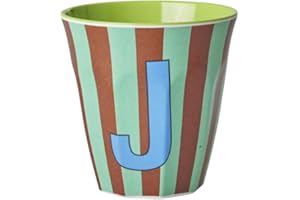 Rice Melamin Becher medium gestreift mit Buchstaben, Modell für Jungen blau/grün/mint- Töne, Größe 9 x 9 cm (J Junge)