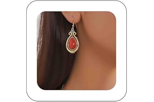 Cimenexe Bohemian Teardrop Coral Dangle Earrings Gold Turquoise Stone Drop Earrings Red Turquoise Hook Earrings Ethnic Natural Gemstone Earrings Jewelry for Women and Girls Gifts
