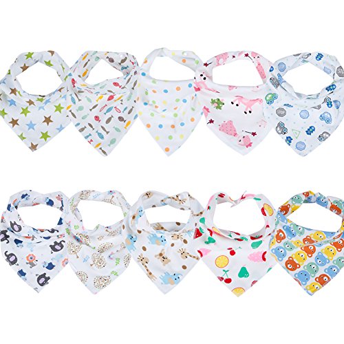 Labebe - Baby Dreieckstuch Lätzchen Spucktuch 10er Pack mit süßen Motiven in unterschiedlichen Farben aus 100% Baumwolle