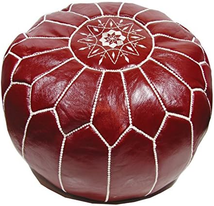 ALMADIH Moroccan genuine leather pouf seat cushion dark red - supplied filled - 100% handmade natural tan ottoman footstool pillow bohemian puff puf seat professionally upholstered (poufe dark red)