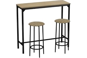 URBNLIVING CANCUN Bar Table and Stools Set – Industrial Kitchen Dining Breakfast Counter Furniture with 2 or 4 Chairs, Space-Saving Design for Home & Small Spaces - 3 Piece - Oak