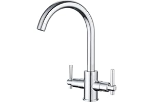 Funime® Kitchen Taps Dual Lever Kitchen Sink Mixer Tap 1 Hole Stainless Steel Monobloc Sink Taps Traditional 360 Swivel Spout Chrome Double Handles Faucet