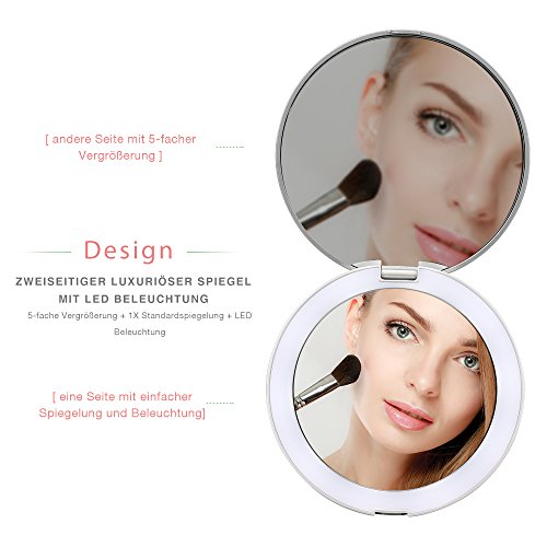 Jerrybox Kosmetikspiegel mit Beleuchtung Doppelseitiger Make Up Spiegel mit 1x/5x Vergrößerung LED Beleuchteter Taschenspiegel Schminkspiegel für unterwegs, Kompakt und Tragbar, Klappbar, Batteriebetriebend, Rund, Silber - 4
