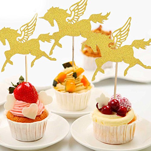 10 PCS Gold Pferd Kuchen Topper Cupcake Kuchen, Dekoration für Geburtstag Zeremonie Celebration Hochzeit Bambus Fruit Cocktail Gabeln Party Fingerfood Bridal Dusche Cupcake Topper Valentine 's Day gold