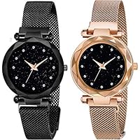 Acnos Black Round Diamond Dial with Latest Generation Purple & Rosegold Magnet Belt Analogue Watch for Women Pack of - 2…
