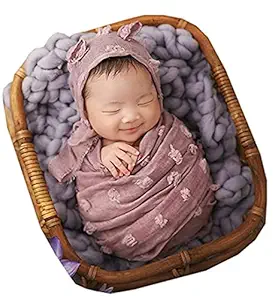 Fashion Cute Baby Photography Props Wrap Hat with Blanket Photo Shoot Outfits Newborn Luxurious Wrap Swaddle for Boys Girls Monthly Photography Shoot (Light Purple)